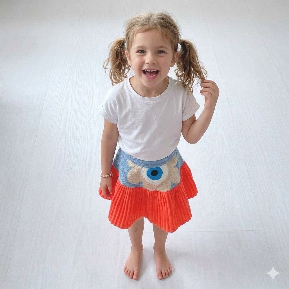 Lanoosh Kids Skirt Eye Graphic Orange Pleated Yoke Kids S (6-7) Made in USA